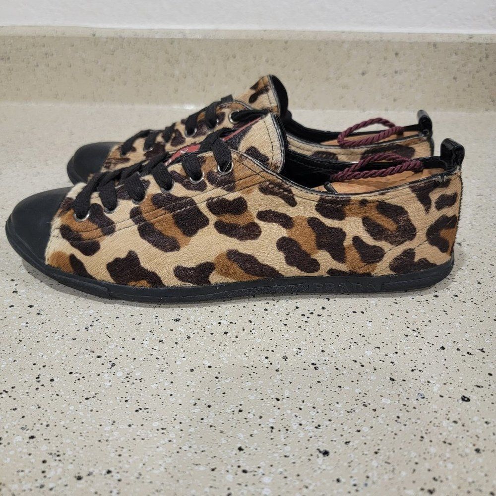 PRADA Linea Rosa Leopard Print Calf Hair Oxford Lace Up Flat 3E4739 39/8